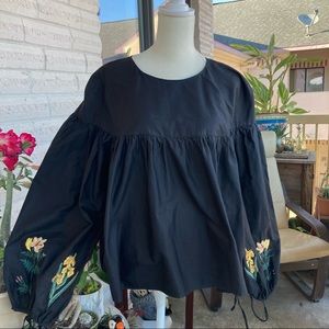 ZARA, size L, 100% cotton, black w/embroidered flowers, no flaws, EUC
